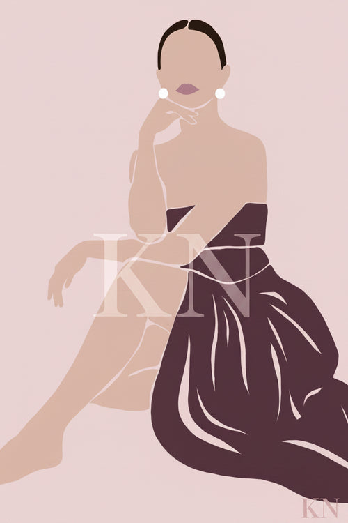 Digitales Kunstwerk „Composure 2“ aus der Kollektion Grace von Kirstii Nicolas mit einer minimalistischen weiblichen Figur in weißem Kleid vor zartrosafarbenem Hintergrund.