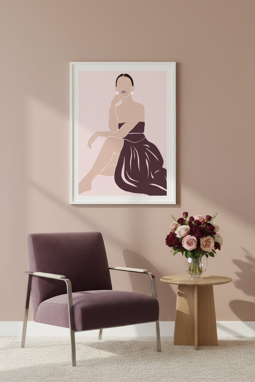 Digitales Kunstwerk „Composure 2“ aus der Kollektion Grace von Kirstii Nicolas mit einer minimalistischen weiblichen Figur in weißem Kleid vor zartrosafarbenem Hintergrund.