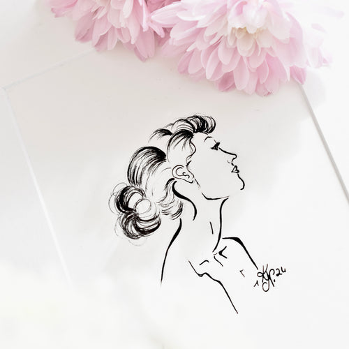 Originale Tusche-Zeichnung „Daydream“ aus der Kollektion „Silent Lines“von Kirstii Nicolas mit einer reduzierten Frauen Illustration im Seitenprofil, die Gelassenheit ausstrahlt 