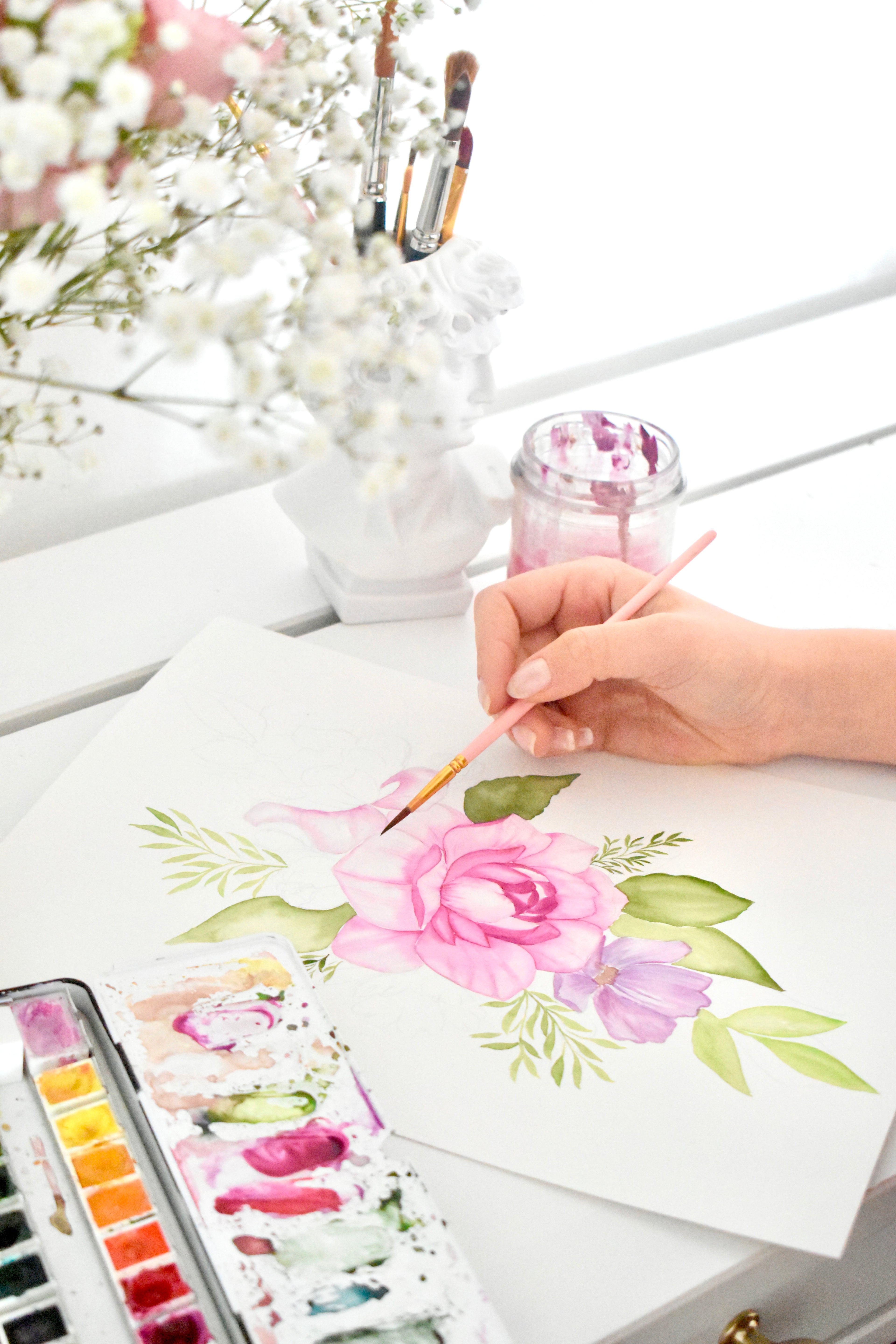 Originales Aquarell mit rosa Blumen von Kirstii Nicolas