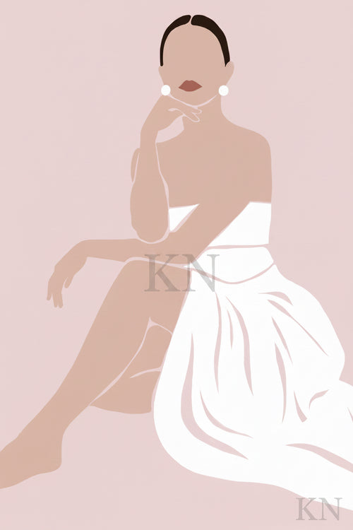 Digitales Kunstwerk „Composure“ aus der Kollektion Grace von Kirstii Nicolas mit einer minimalistischen weiblichen Figur in weißem Kleid vor zartrosafarbenem Hintergrund.